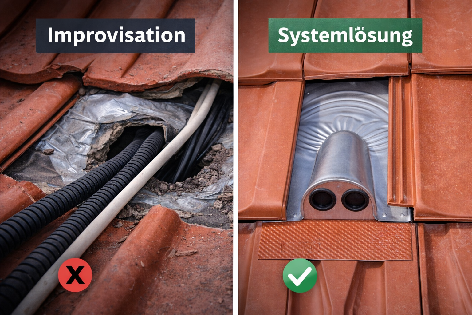 Vergleich improvisierte vs. fachgerechte PV Dachdurchführung